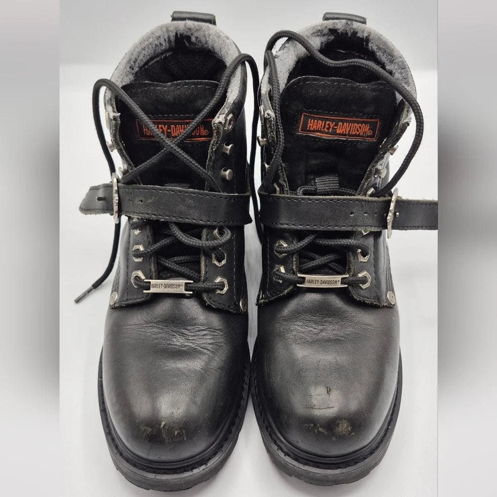 Harley-Davidson Black Leather Lace-Up Strap Motorcycle Boots